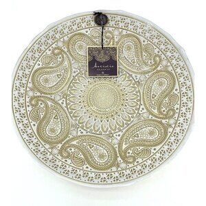 Artistic Accents White Glass Round  Bowl Serving Salad Gold Lace Paisley 13.5"